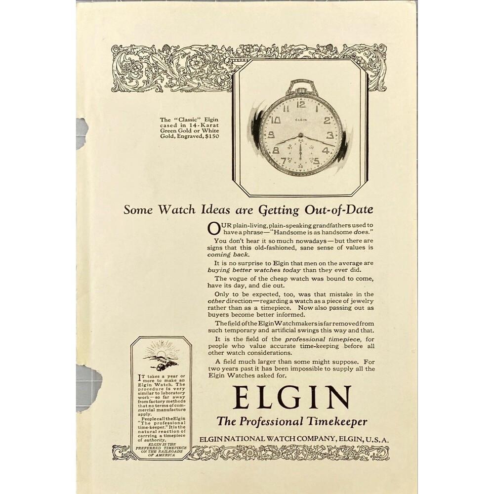 Elgin Watches 'The Classic' "Professional Timekeeper" Vintage Print Ad 1923
